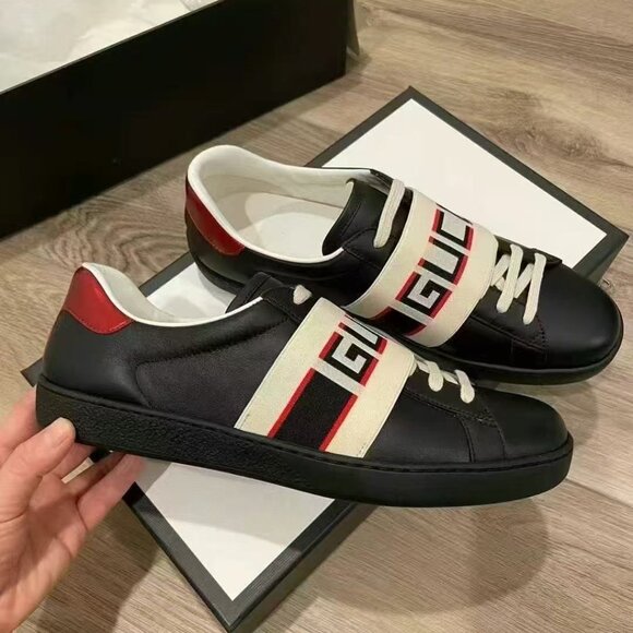 NIB Authentic Gucci Calfskin Stripe Mens New Ace Sneakers Crop Ecru Black - Picture 1 of 5